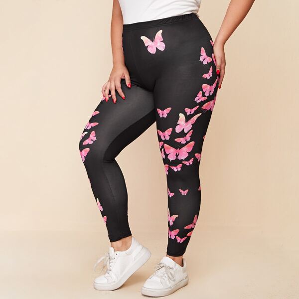 

Plus Butterfly Print High Waist Leggings, Black