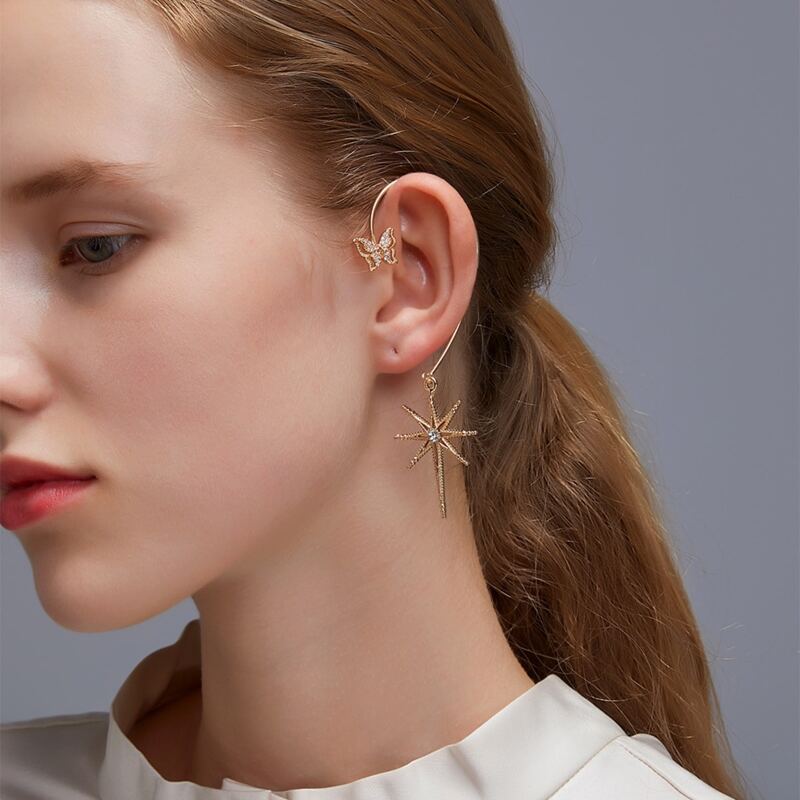 

1pc Butterfly & Star Design Ear Hook, Gold
