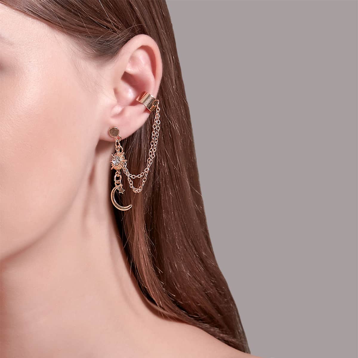 

1pc Star & Moon Design Chain Ear Cuff, Gold