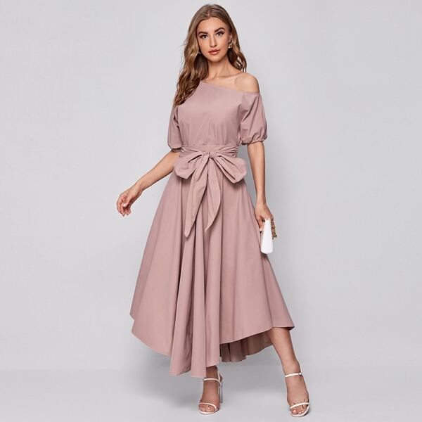 

Asymmetrical Neck Puff Sleeve Top & Tie Waist Skirt Set, Dusty pink