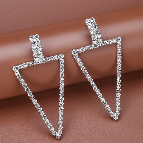 

Rhinestone Decor Triangle Earrings, Silver