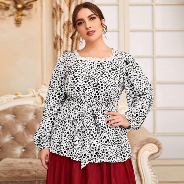 

Plus Contrast Lace Ditsy Floral Print Belted Blouse, Black and white
