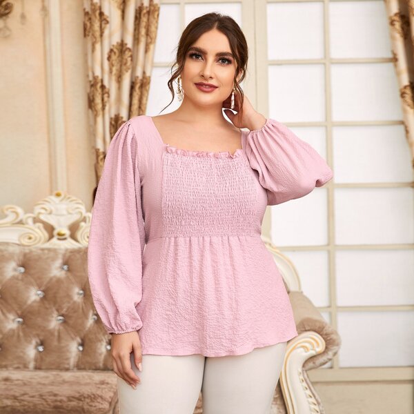

Plus Square Neck Shirred Peplum Blouse, Baby pink