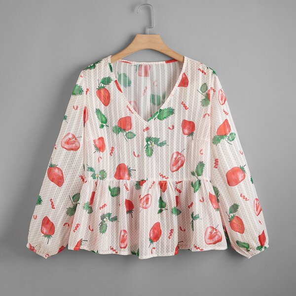 

Plus Strawberry & Polka Dot V-neck Peplum Blouse, Multicolor