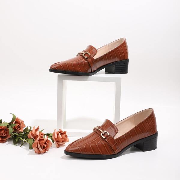 

Horsebit Decor Croc Embossed Chunky Pumps, Brown