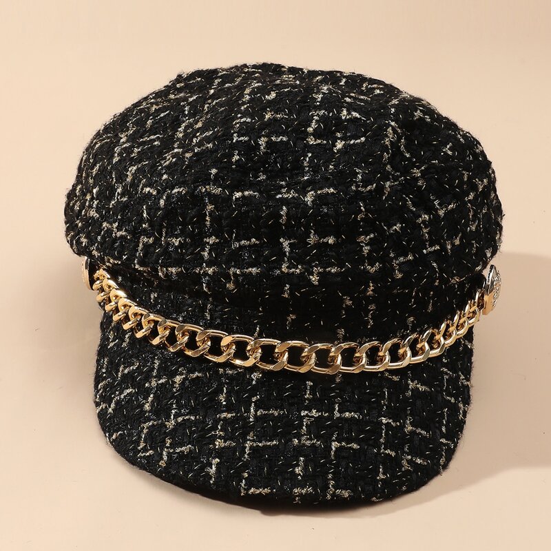 

Chain Decor Plaid Baker Boy Cap, Black