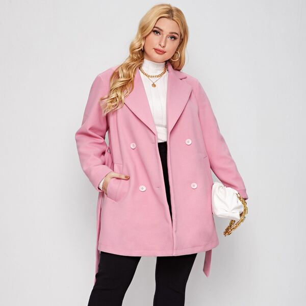 

Plus Double Breasted Belted Coat, Pink