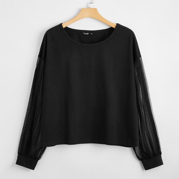 

Plus Contrast Mesh Sleeve Solid Tee, Black