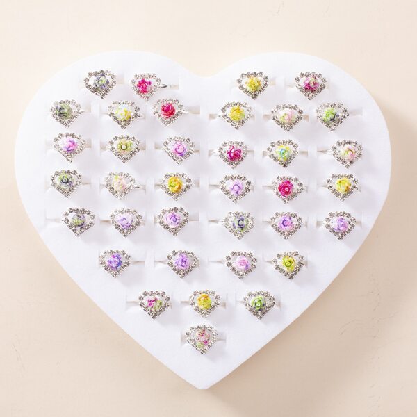 

36pcs Toddler Girls Rhinestone & Flower Decor Ring, Multicolor