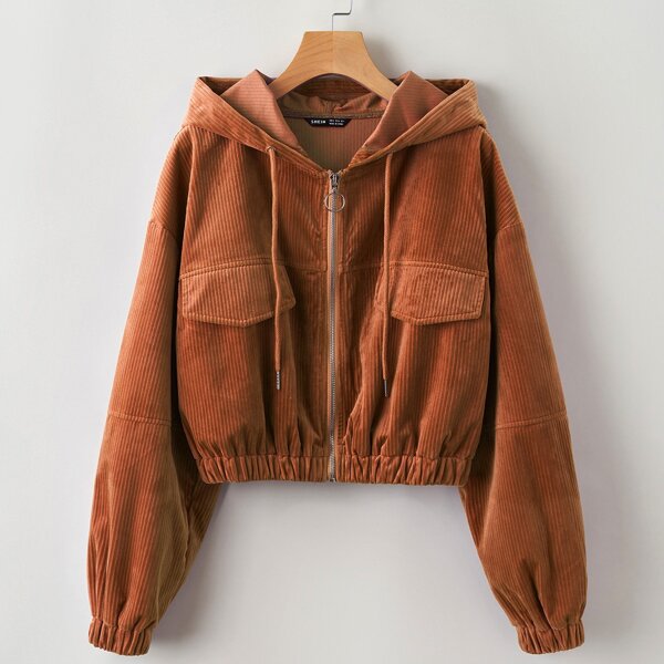 

Plus Corduroy Flap Detail Drawstring Hooded Jacket, Rust brown