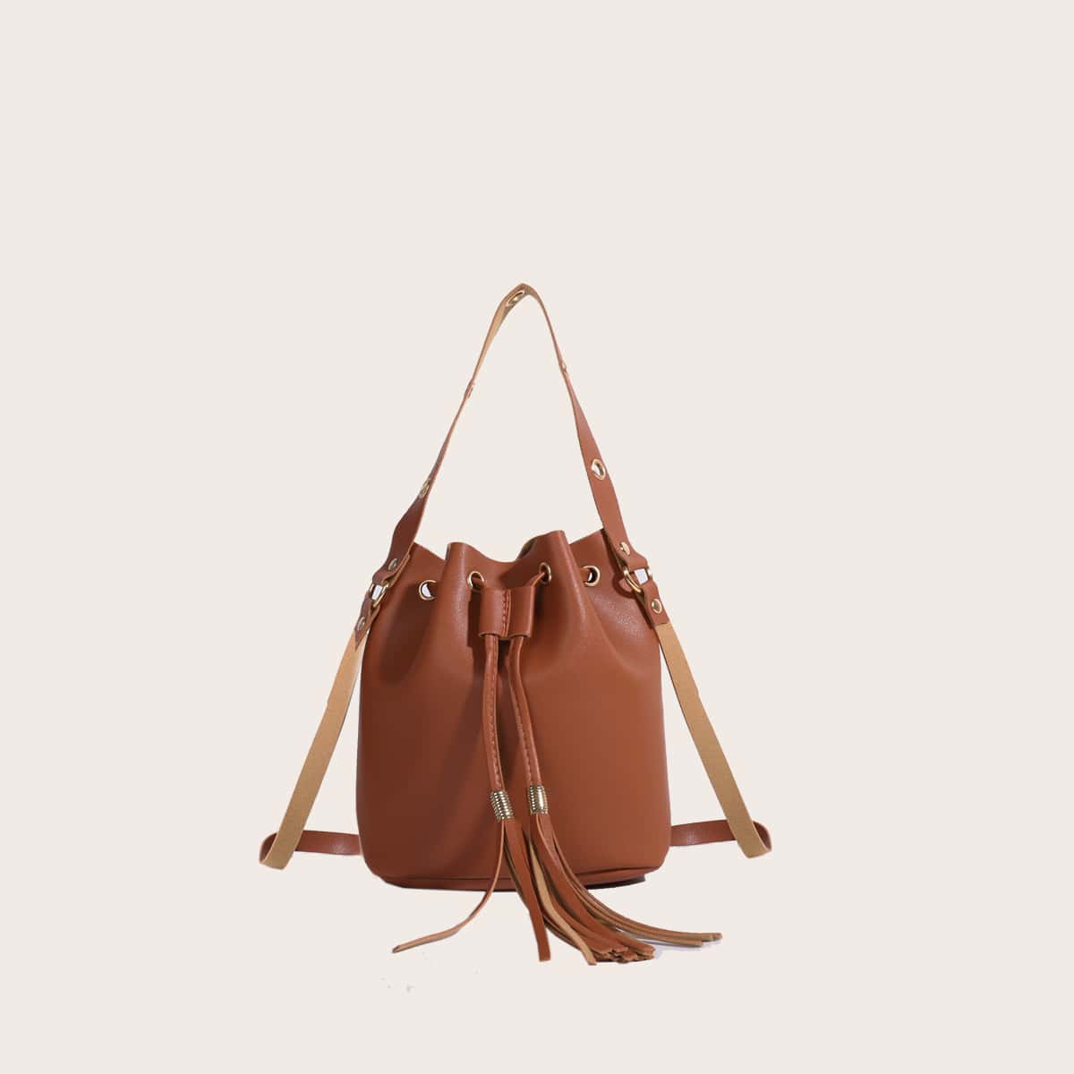 

Tassel Charm Drawstring Bucket Bag, Brown