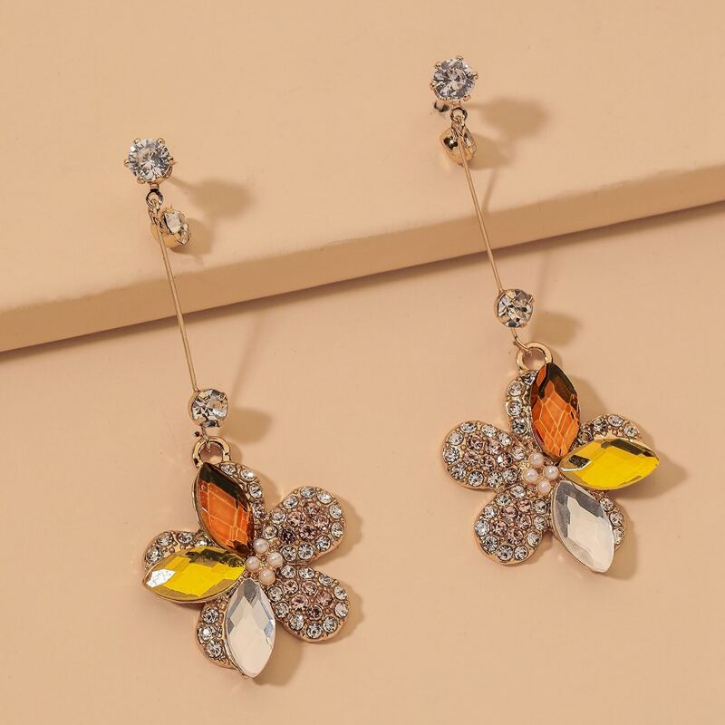 

Rhinestone Flower Drop Earrings, Gold