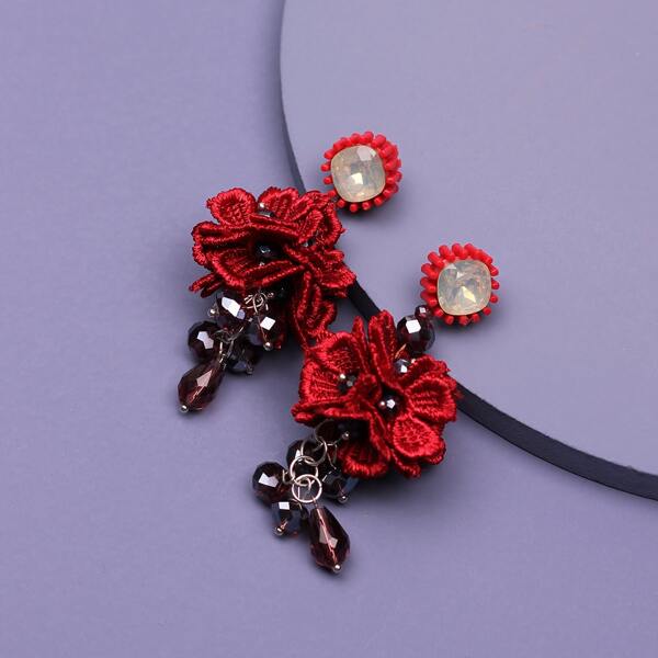 

Fabric Flower Decor Drop Earrings, Red