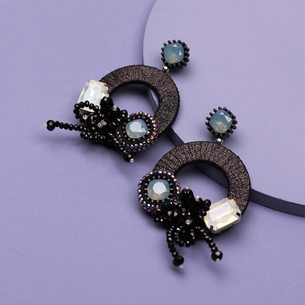 

Rhinestone Decor Round Charm Drop Earrings, Black