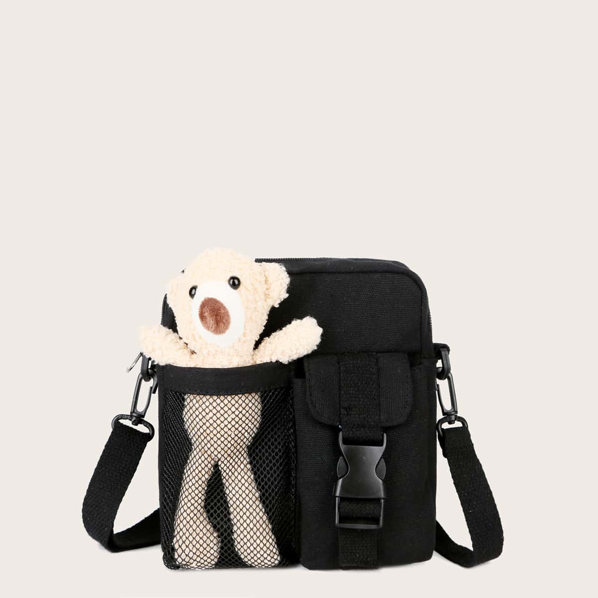 Cartoon Bear Decor Crossbody Bag, Black