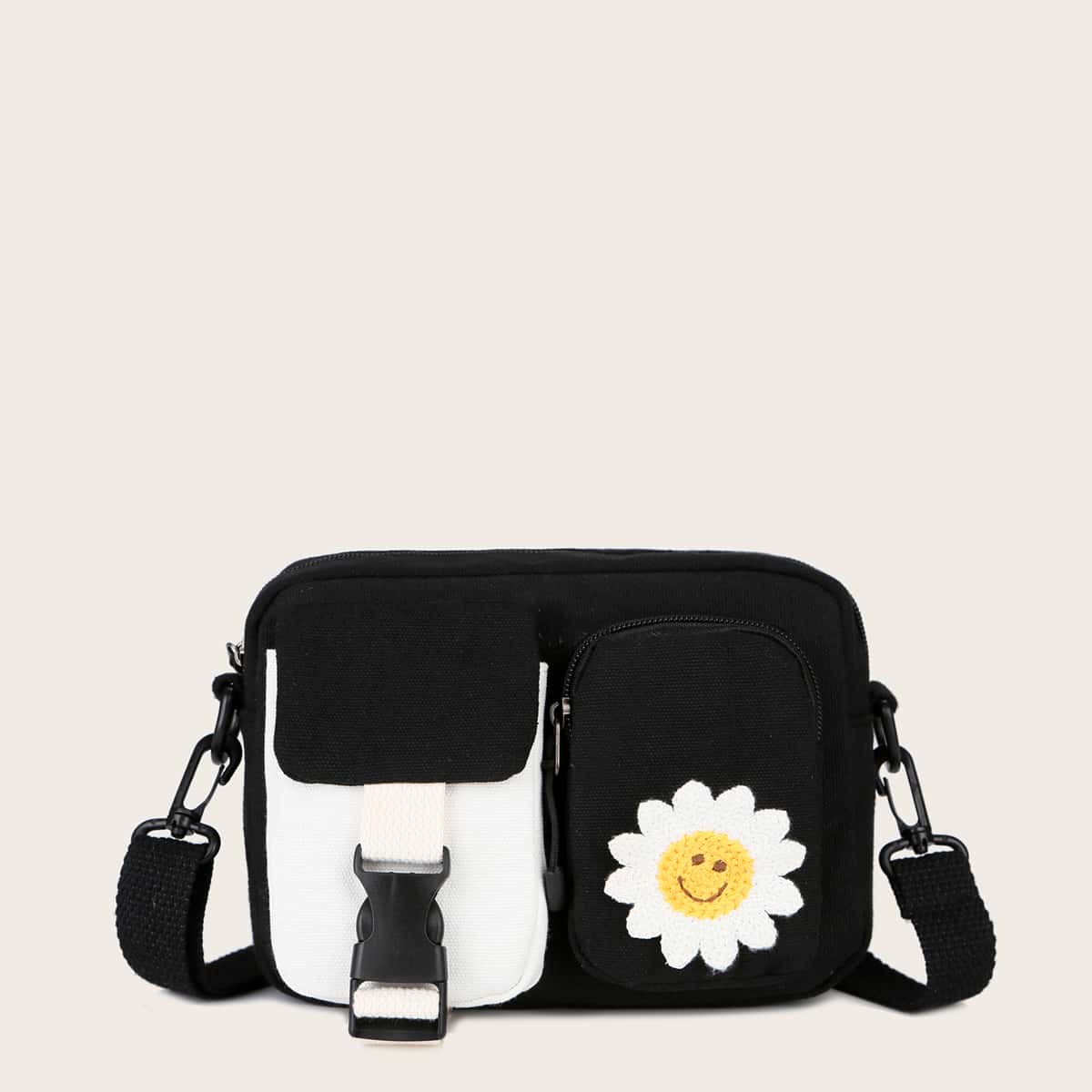 

Cartoon Decor Two Tone Crossbody Bag, Black and white