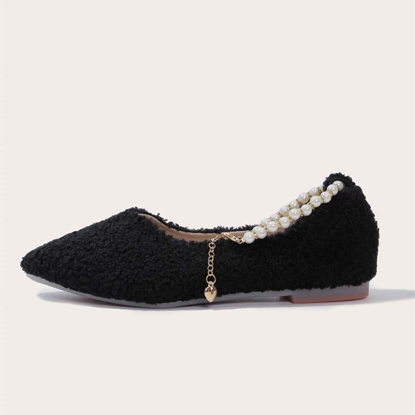 

Faux Pearl Decor Ankle Strap Flats, Black