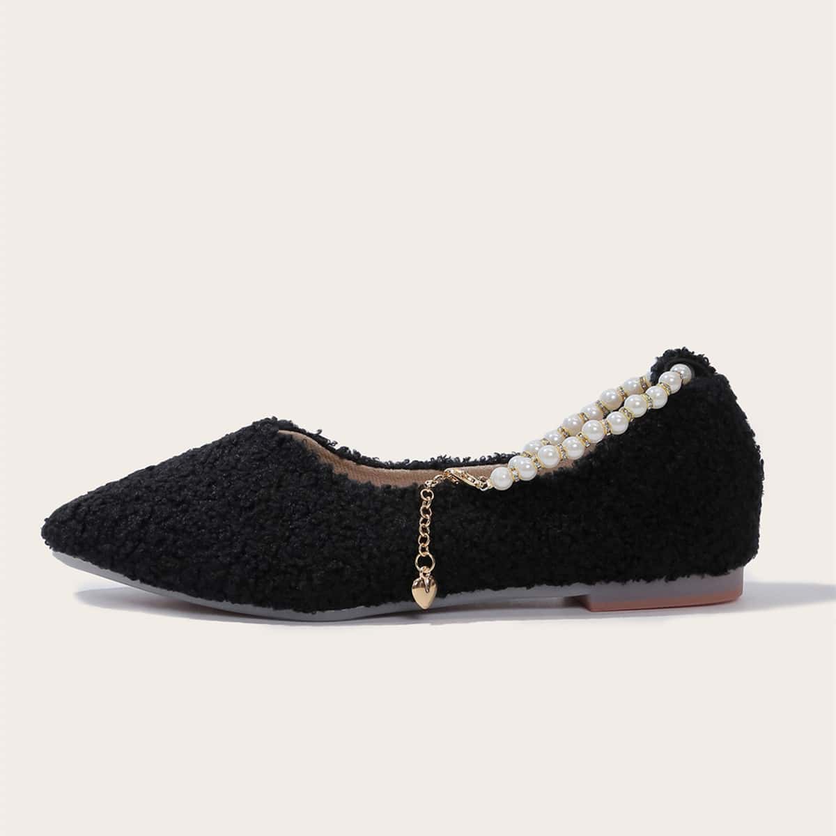 

Faux Pearl Decor Ankle Strap Flats, Black