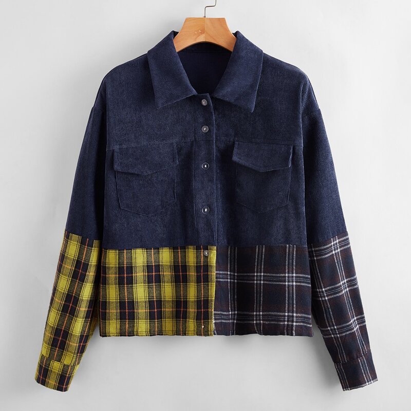 

Plaid Spliced Corduroy Jacket, Multicolor