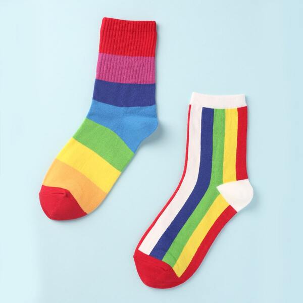 

2pairs Color Block Socks, Multicolor