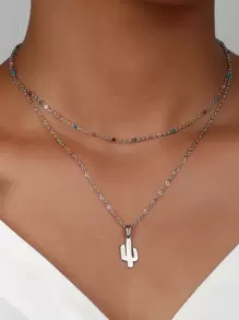 仙人掌吊墜多層項鍊 - 銀色 - 查看 1