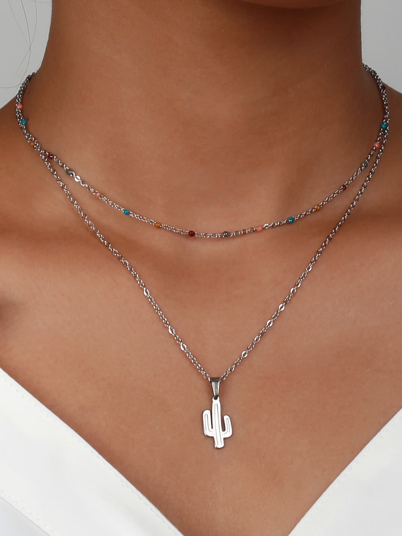 仙人掌吊墜多層項鍊 - 銀色 - 查看 1