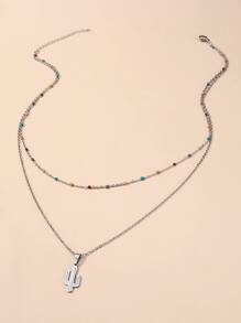 仙人掌吊墜多層項鍊 - 銀色 - 查看 2