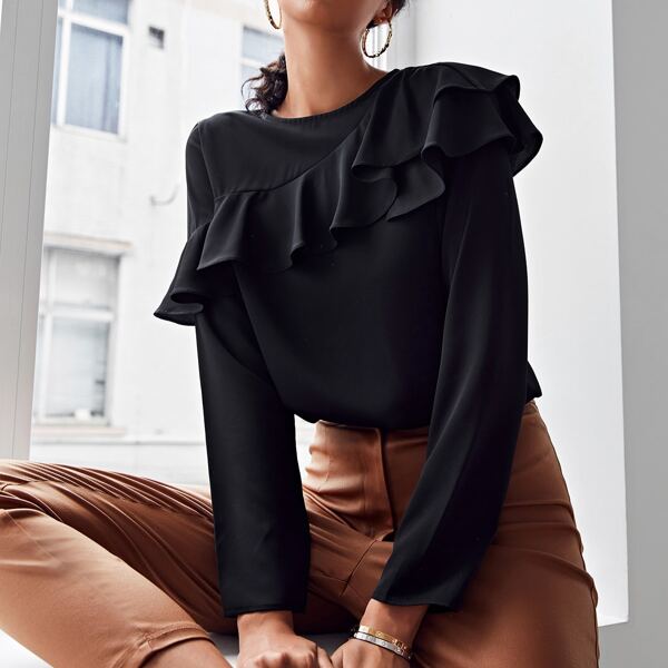 

Ruffle Trim Solid Top, Black