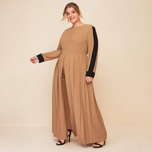 

Plus Contrast Trim Pleated Foldover Jumpsuit, Camel