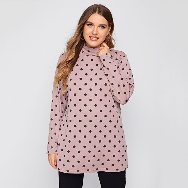 

Plus Stand Collar Polka Dot Longline Tee, Dusty pink