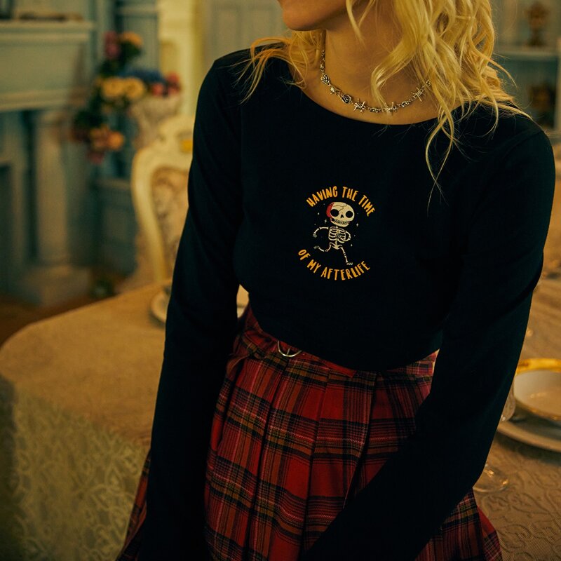 Slogan Skull Graphic Crop Tee, Black