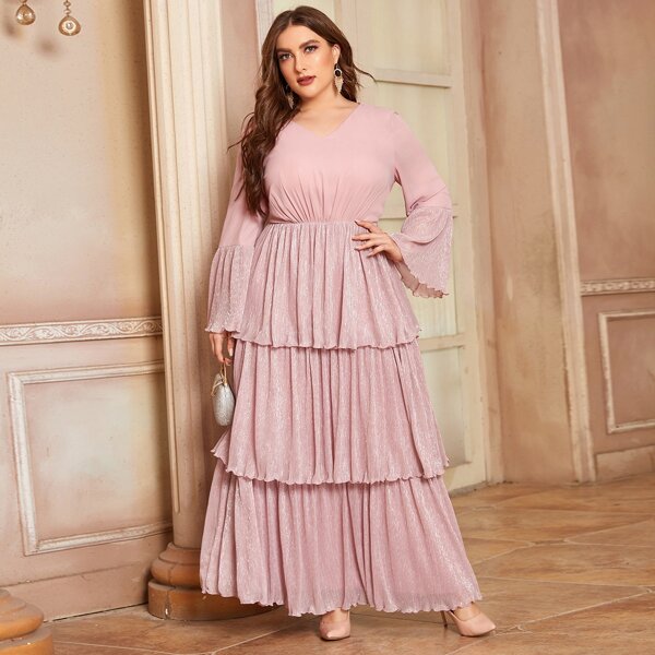 

Plus V-neck Flounce Sleeve Layered Hem Prom Dress, Baby pink