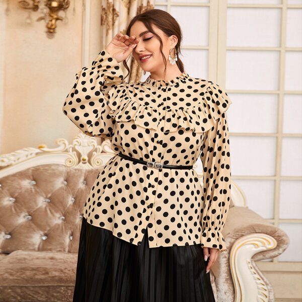 

Plus Polka Dot Ruffle Trim Blouse Without Belt, Apricot