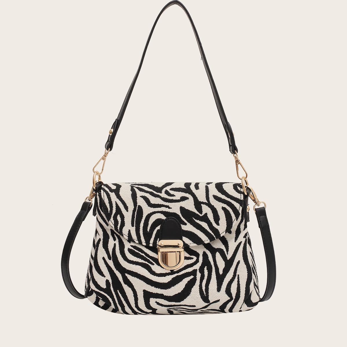 

Zebra Pattern Push Lock Shoulder Bag, Black and white