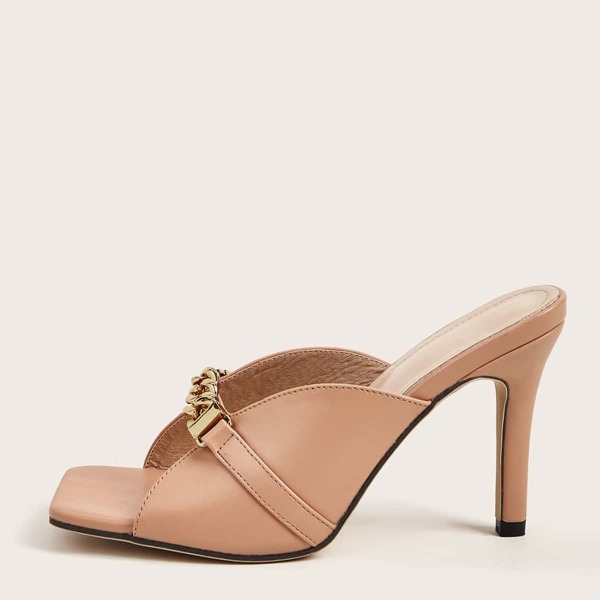 

Chain Decor Stiletto Heeled Mules, Apricot