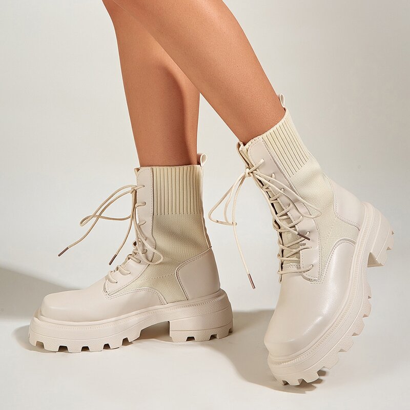 

Lace-up Front Knit Panel Boots, Beige