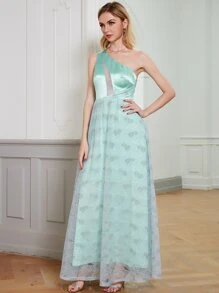 ANGEL FASHIONS One Shoulder Satin Panel Lace Prom Dress - Mint Green - View 1
