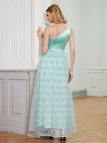 ANGEL FASHIONS One Shoulder Satin Panel Lace Prom Dress - Mint Green - View 2