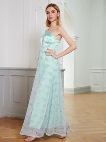 ANGEL FASHIONS One Shoulder Satin Panel Lace Prom Dress - Mint Green - View 3