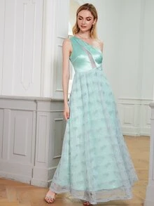 ANGEL FASHIONS One Shoulder Satin Panel Lace Prom Dress - Mint Green - View 4