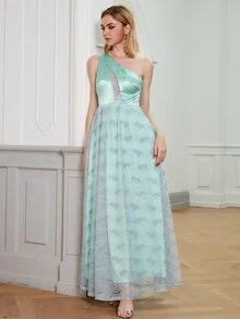 ANGEL FASHIONS One Shoulder Satin Panel Lace Prom Dress - Mint Green - View 5