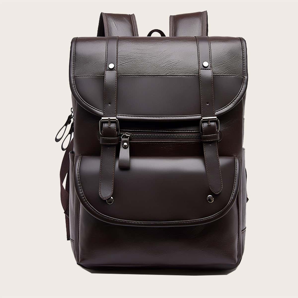 

Guys Buckle Decor Flap Backpack, Coffee brown