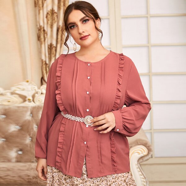 

Plus Frill Trim Bishop Sleeve Blouse Without Belt, Rusty rose