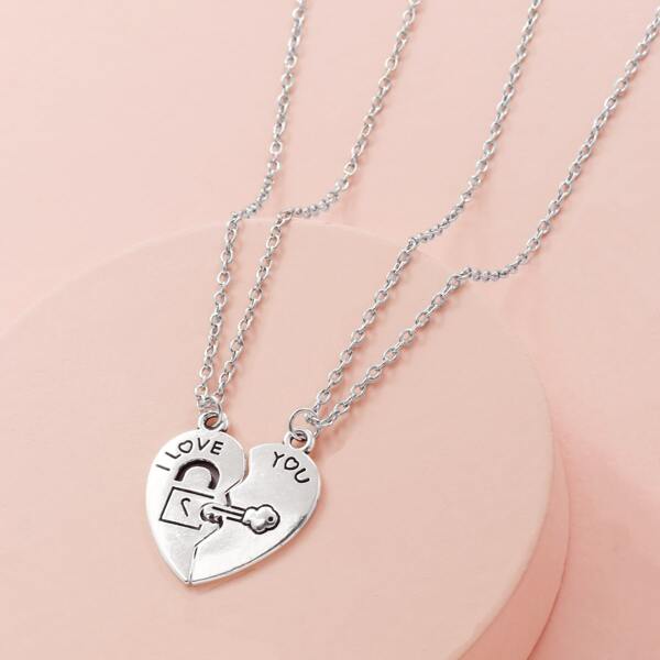 

2pcs Metal Heart Charm Necklace, Silver