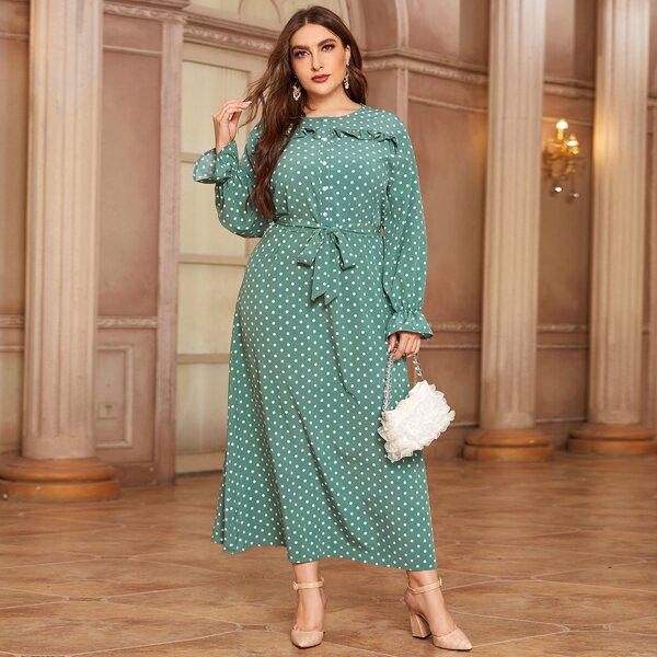 

Plus Polka Dot Ruffle Trim Belted Dress, Green
