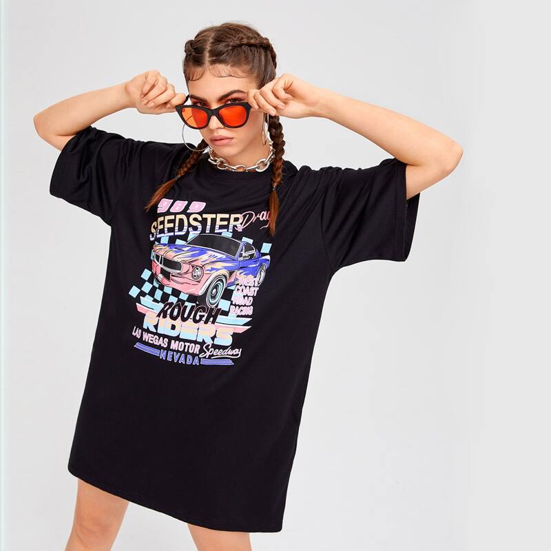 

Letter Car Graphic Tee Dress, Black