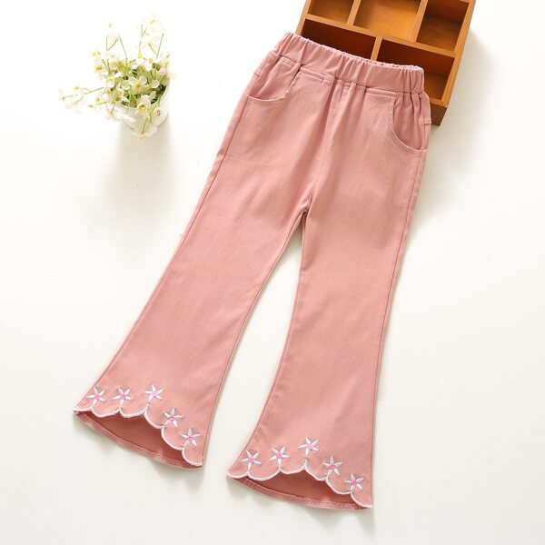 

Toddler Girls Floral Embroidery Flare Leg Pants, Coral pink