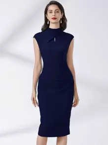 MIUSOL Mock Neck Cut Out Split Hem Dress Work Dress - Navy Blue - View 1
