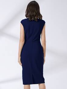 MIUSOL Mock Neck Cut Out Split Hem Dress Work Dress - Navy Blue - View 2