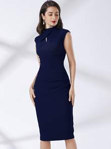 MIUSOL Mock Neck Cut Out Split Hem Dress Work Dress - Navy Blue - View 3